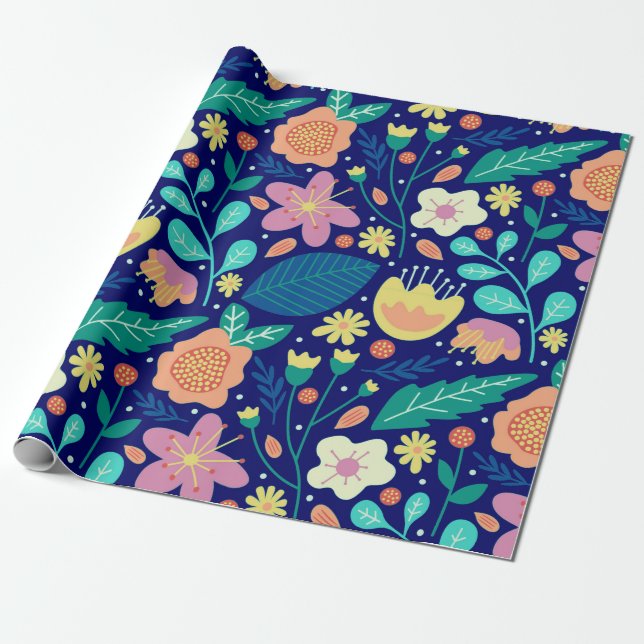 Colourful spring flowers pattern on blue wrapping paper (Unrolled)