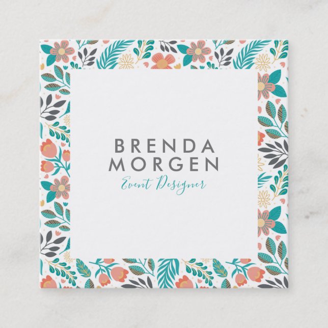 Colourful spring flowers pattern square business card (Front)