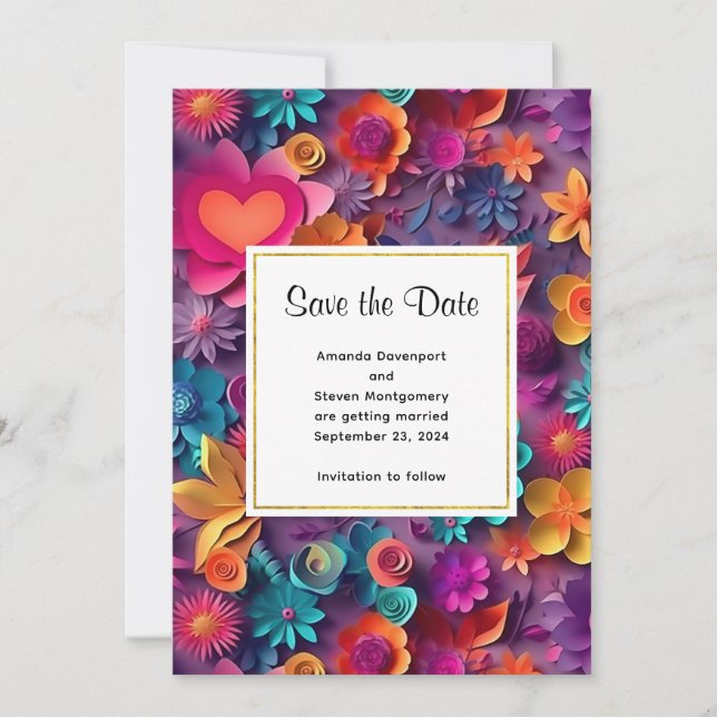 Colourful Spring Flowers Pattern Wedding Save The Date (Front)