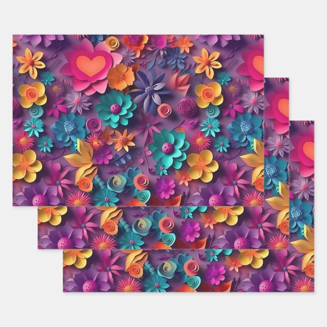 Colourful Spring Flowers Pattern Wrapping Paper Sheet (Set)