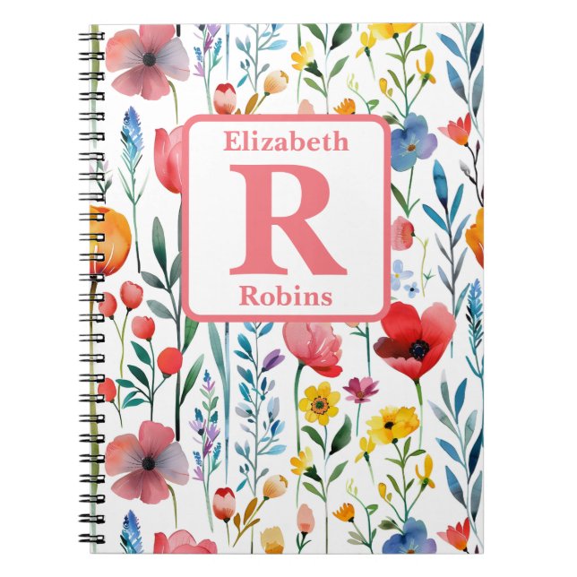 Colourful spring flowers personalised monogram  notebook (Front)