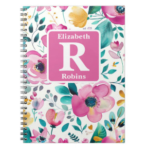 Colourful spring flowers personalised monogram notebook