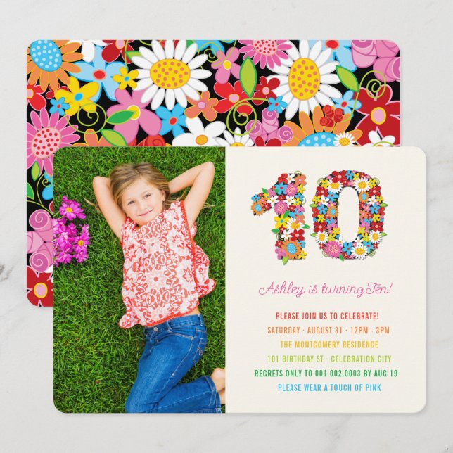 Colourful Spring Flowers Photo Girl's 10th Birthda Invitation (Front/Back)