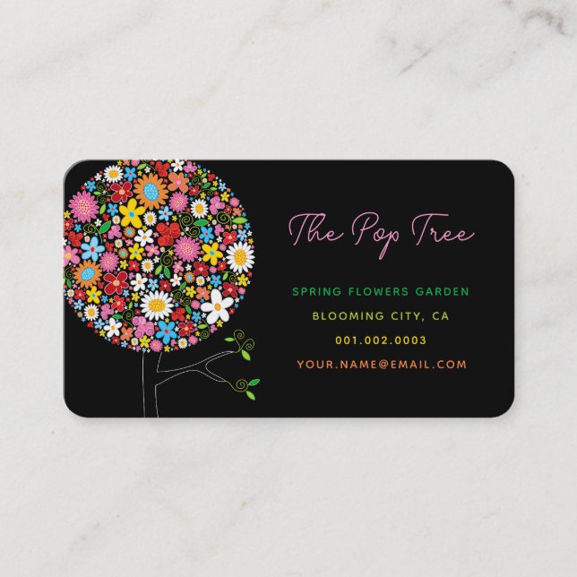 Colourful Spring Flowers Pop Tree Whimsical Chic Business Card (Front)