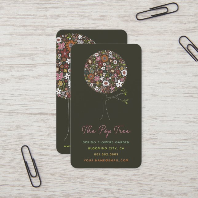 Colourful Spring Flowers Pop Tree Whimsical Chic Business Card (Front/Back In Situ)