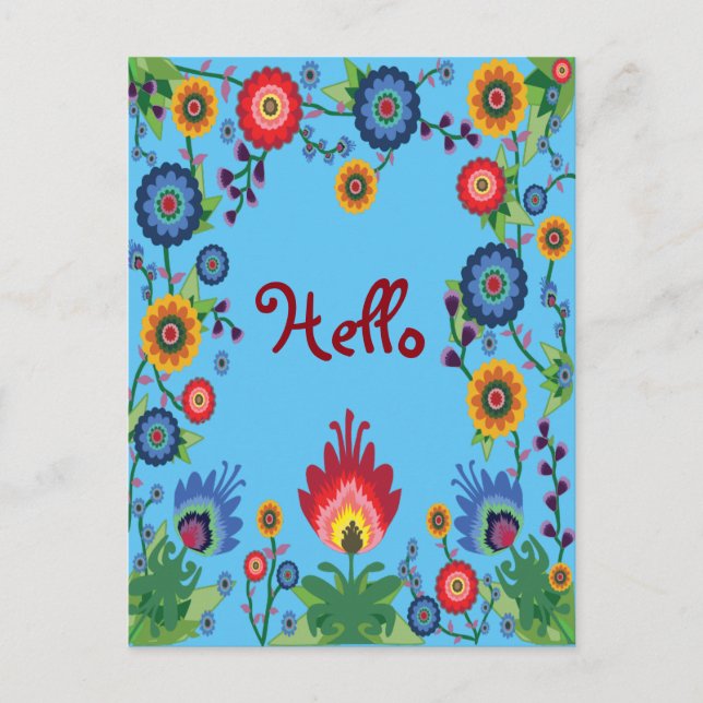 Colourful Spring Flowers Post Card 'Hello' Blue (Front)