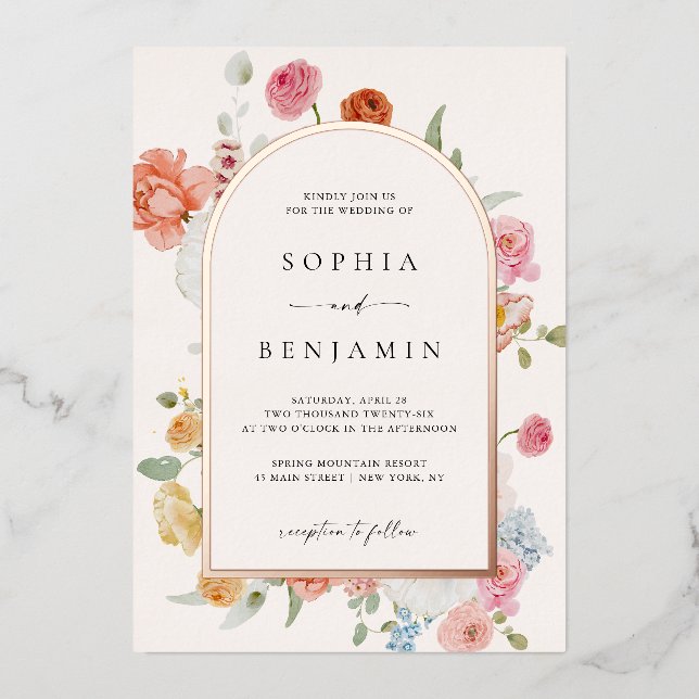Colourful Spring Flowers Rose Gold Wedding Arch (Front)