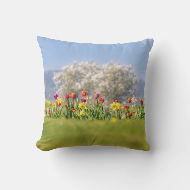 Colourful Spring Flowers with Tulips and Daffodils Cushion (Front)