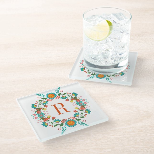 Colourful Spring Flowers Wreath Monogram Glass Coaster (Angled)