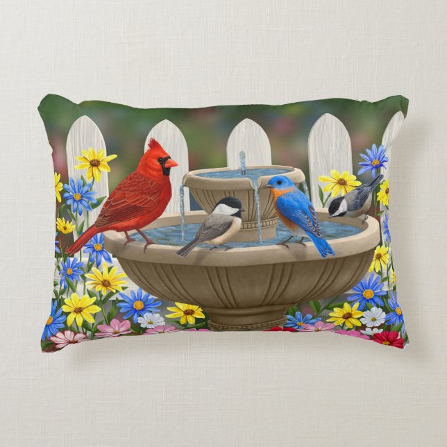 Colourful Spring Garden Bird Bath Decorative Cushion (Front)