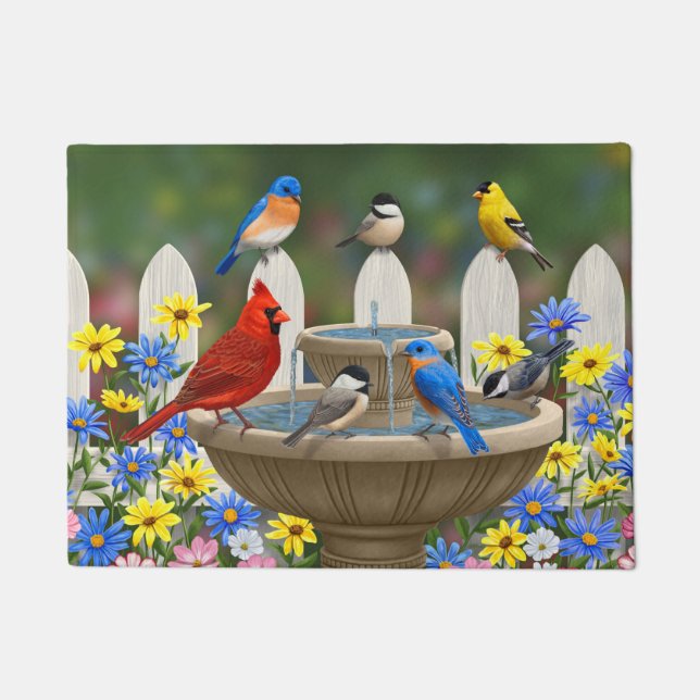 Colourful Spring Garden Bird Bath Doormat (Front)