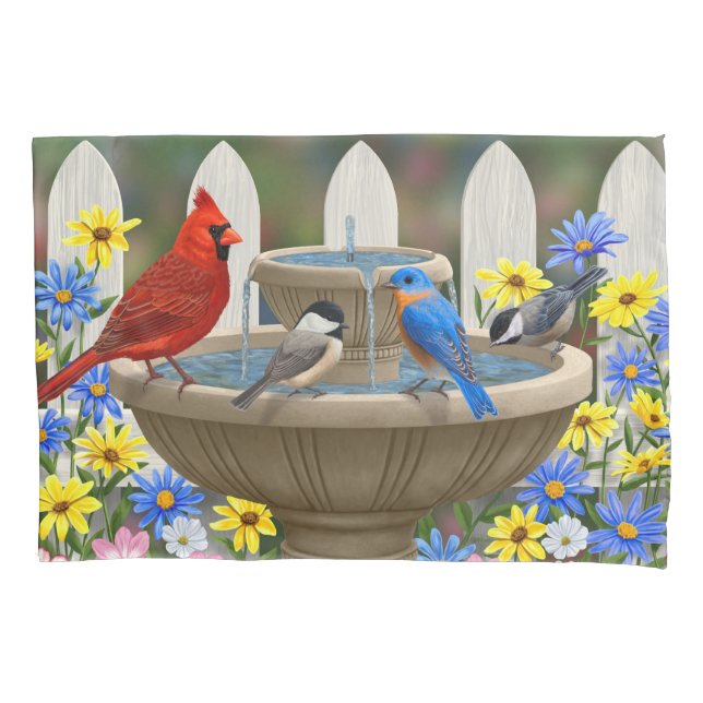Colourful Spring Garden Bird Bath Pillowcase (Front-Left)