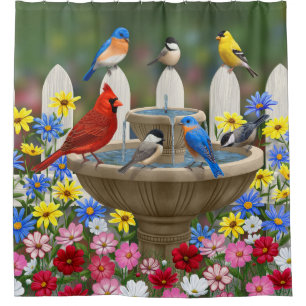 Colourful Spring Garden Bird Bath Shower Curtain