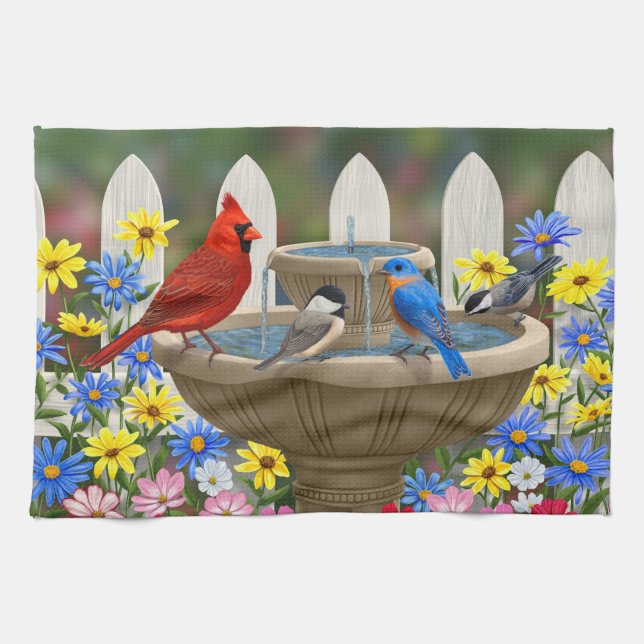 Colourful Spring Garden Bird Bath Tea Towel (Horizontal)