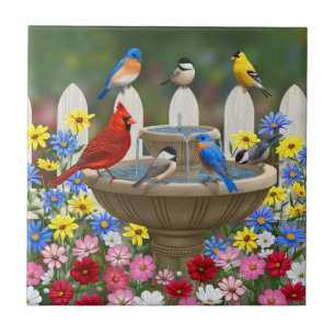 Colourful Spring Garden Bird Bath Tile