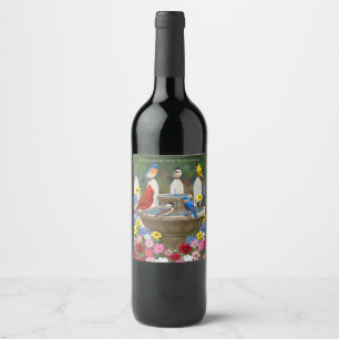 Colourful Spring Garden Bird Bath Wine Label