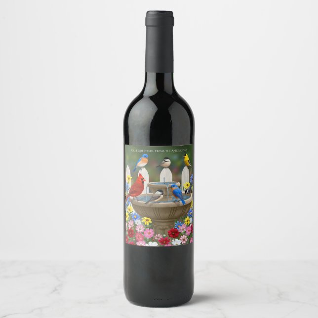Colourful Spring Garden Bird Bath Wine Label (Front)