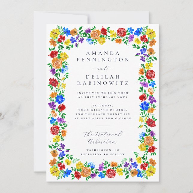 Colourful Spring Rainbow Flowers Gay Pride Wedding Invitation (Front)