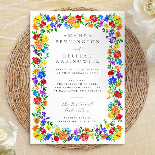 Colourful Spring Rainbow Flowers Gay Pride Wedding Invitation