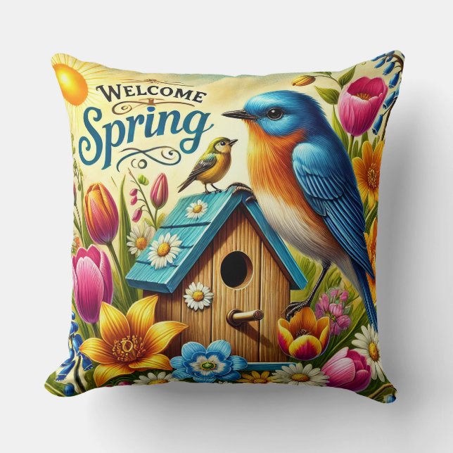 Colourful Spring Scene with Birds, Birdhouse Cushion (Front)