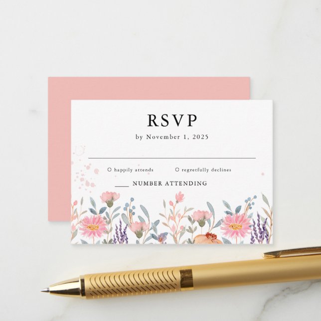Colourful Spring Simple Wildflower Wedding RSVP Enclosure Card (Front/Back In Situ)