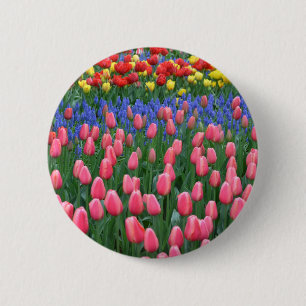 Colourful spring tulip garden 6 cm round badge