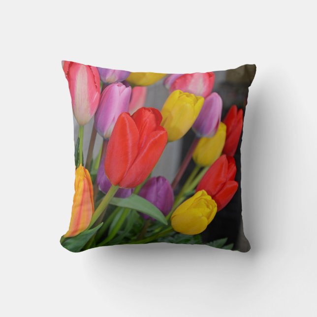 Colourful spring tulip print pillow (Front)