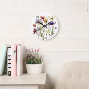 colourful spring wild flowers in water colour  large clock