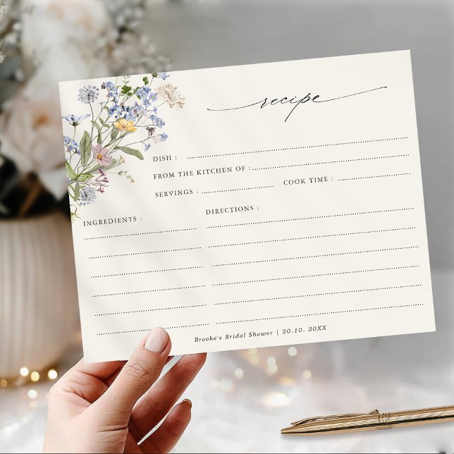 Colourful Spring Wildflower  Bridal Shower Recipe (Colorful Spring Wildflower meadow garden floral Bridal Shower Recipe card)