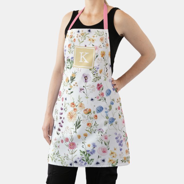 Colourful Spring Wildflower Garden Pattern Monogra Apron (Insitu)