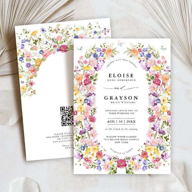 Colourful Spring Wildflower Garden QR Code Wedding Invitation (Colorful Spring Wildflower Meadow Garden QR Code Wedding Invitation)