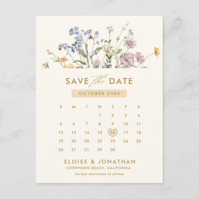  Colourful Spring Wildflower Gold  Save the Date Postcard (Front)