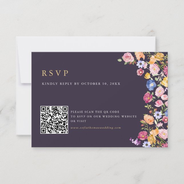 Colourful Spring Wildflower Meadow Garden  QR Code RSVP Card (Front)