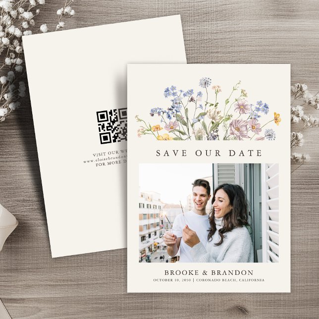 Colourful Spring Wildflower Meadow Garden QR Code  Save The Date (Colorful Spring Wildflower Meadow Garden QR Code Photo Save The Date card)