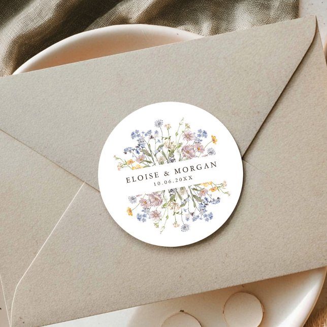 Colourful Spring Wildflower Meadow Garden Wedding  Classic Round Sticker (Colorful Spring Wildflower Meadow Garden Wedding Classic Round envelope seal Sticker )