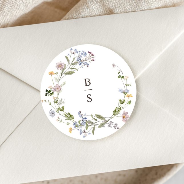 Colourful Spring Wildflower Meadow Garden Wedding  Classic Round Sticker (Colorful Spring Wildflower Meadow Garden Wedding Classic Round envelope seal Sticker)