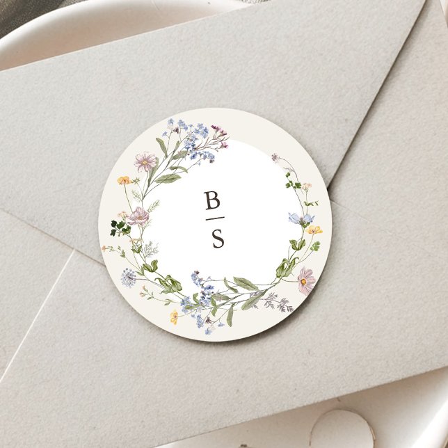 Colourful Spring Wildflower Meadow Garden Wedding  Classic Round Sticker (Colorful Spring Wildflower Meadow Garden Wedding Classic Round envelope seal Sticker)