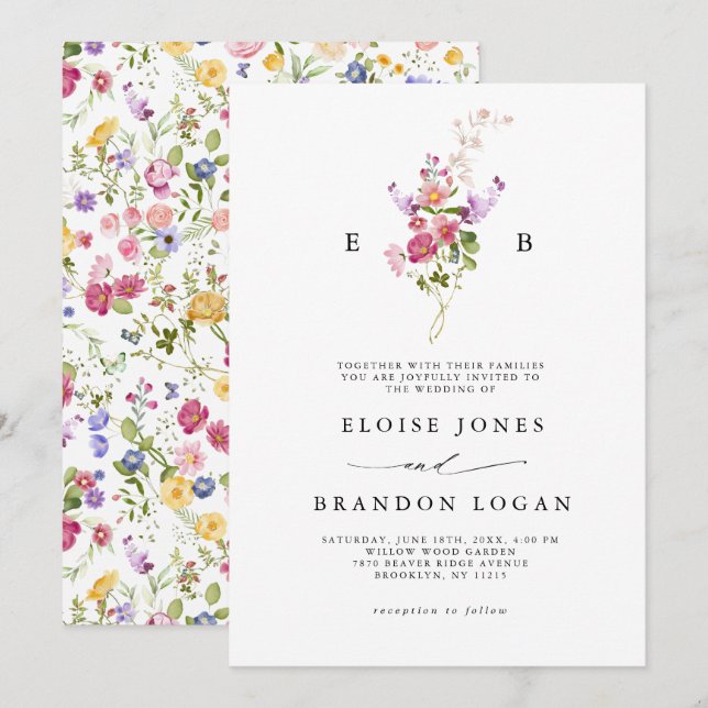 Colourful Spring Wildflower Meadow Garden Wedding  Invitation (Front/Back)