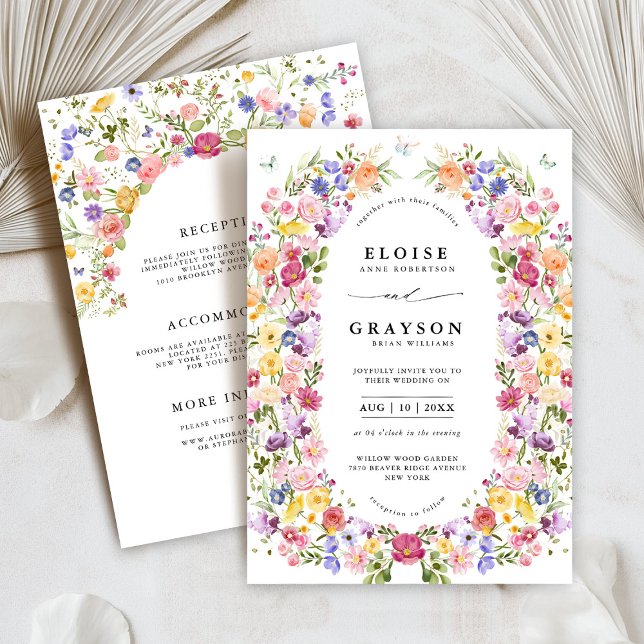 Colourful Spring Wildflower Meadow Garden Wedding  Invitation (Colorful Spring Wildflower Meadow Garden all in one Wedding Invitation with details on back)