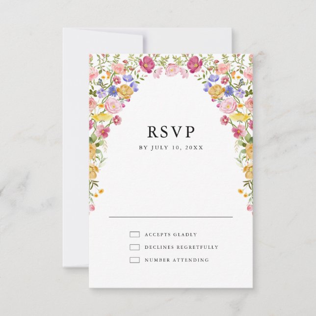 Colourful Spring Wildflower Meadow Garden Wedding  RSVP Card (Front)