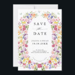 Colourful Spring Wildflower Meadow Garden Wedding  Save The Date<br><div class="desc">Make your wedding day unforgettable with our beautifully crafted, floral wedding save the date card. The delicate pastel flower wreath brings a romantic, garden-inspired touch to your celebration. Personalise the card with your own text, and easily adjust the font style, colour, and layout to suit your taste by clicking the...</div>