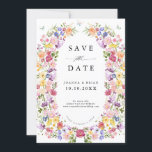 Colourful Spring Wildflower Meadow Garden Wedding  Save The Date<br><div class="desc">Make your wedding day unforgettable with our beautifully crafted, floral wedding save the date card. The delicate pastel flower wreath brings a romantic, garden-inspired touch to your celebration. Personalise the card with your own text, and easily adjust the font style, colour, and layout to suit your taste by clicking the...</div>