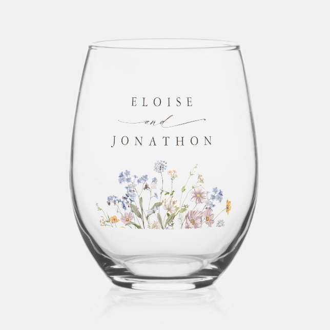 Colourful Spring Wildflower Meadow Garden Wedding Stemless Wine Glass (Front)