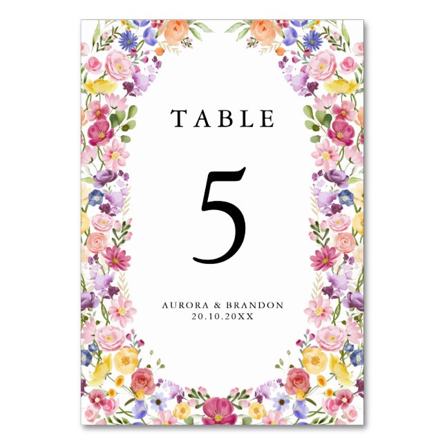 Colourful Spring Wildflower Meadow Garden Wedding  Table Number (Front)