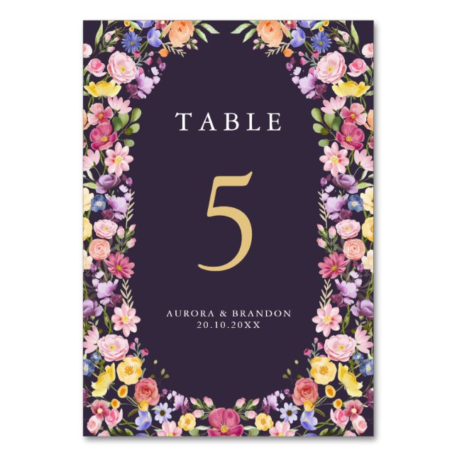 Colourful Spring Wildflower Meadow Garden Wedding  Table Number (Front)