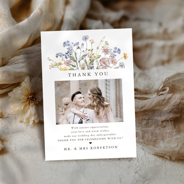 Colourful Spring Wildflower Meadow Garden Wedding  Thank You Card (Colorful Spring Wildflower Meadow Garden Wedding photo Thank You Card)