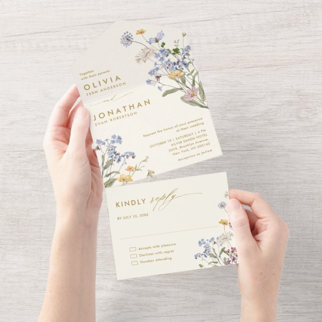 Colourful Spring Wildflower Meadow Gold Wedding   All In One Invitation (Tearaway)