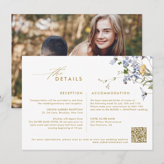 Colourful Spring Wildflower Meadow Gold Wedding  Enclosure Card (Front/Back)