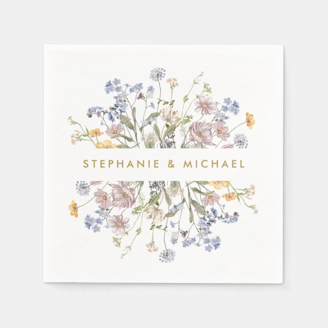 Colourful Spring Wildflower Meadow Gold Wedding  Napkin (Front)