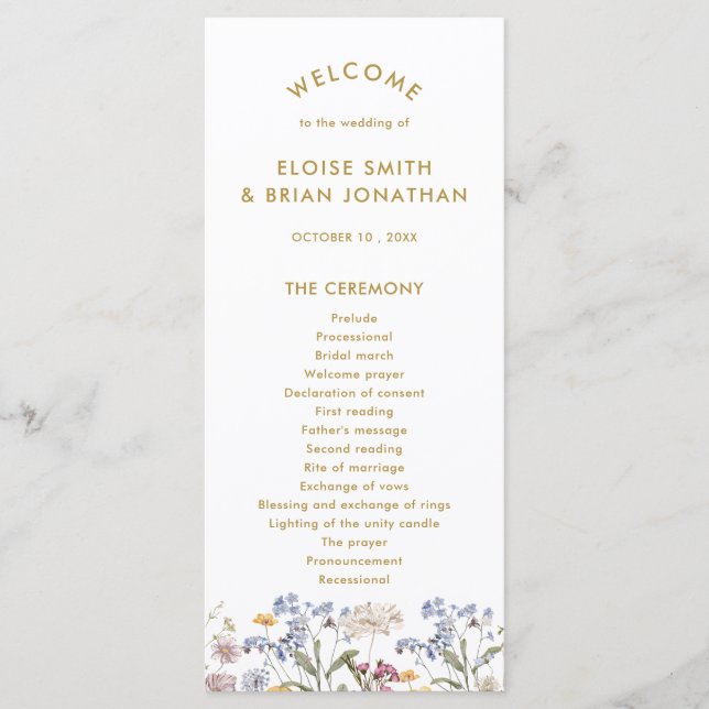 Colourful Spring Wildflower Meadow Gold Wedding  Programme (Front)